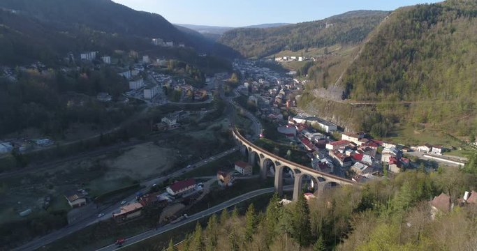 Morez train bridge, aerial approach. Jura, France