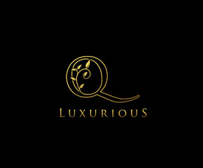 Letter Q Logo Icon . Initial Letter Q Design Vector Luxury Gold Color.Print monogram initials line art sign symbol.
