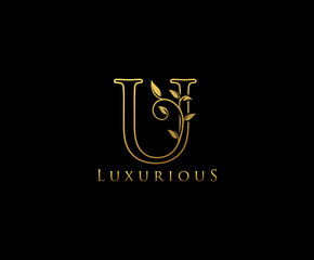 Letter U Logo Icon . Initial Letter U Design Vector Luxury Gold Color.Print monogram initials line art sign symbol.