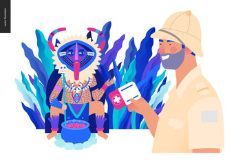 Medical insurance - medical assistance all over the world - modern flat vector concept digital illustration -a traveller applying to a shaman healer for medical help, part of insurance plan