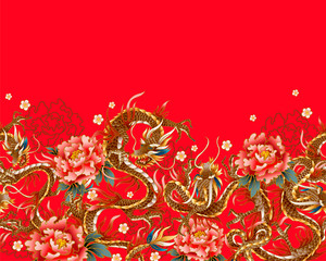 Border with Chinese traditional dragon, peonies and sakura. vector.