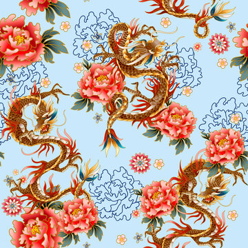Seamless pattern with Chinese traditional dragon, peonies and sakura. vector.