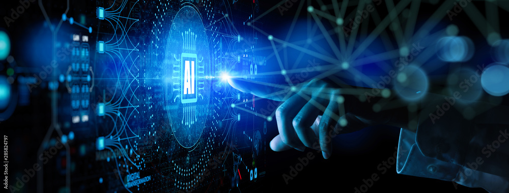 Fototapete Artificial intelligence (AI) with machine deep learning and data mining and another modern computer technologies UI by hand touching CPU icon.
