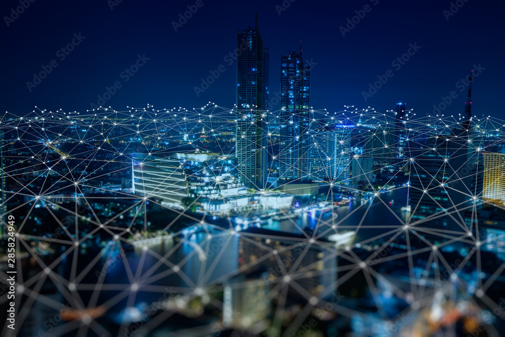 Aufkleber Wireless network and Connection technology concept with Abstract Bangkok city background