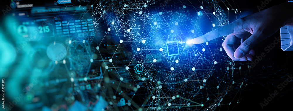 Poster Hand touching Telecommunication network and wireless mobile internet technology  with 5G LTE data connection of global business, fintech, blockchain.