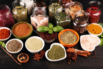 Spices and herbs on table. Food and cuisine ingredients with pepper