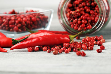 red hot bird chili pepper with pepper corns