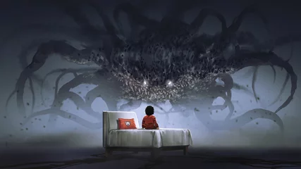 Schilderijen op glas nachtmerrieconcept dat een jongen op bed toont die reusachtig monster in het donkere land onder ogen ziet, digitale kunststijl, illustratie het schilderen © grandfailure