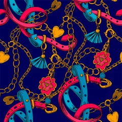 Behang Bloemen en juwelen Naadloos patroon met riem en ketting. Vector.