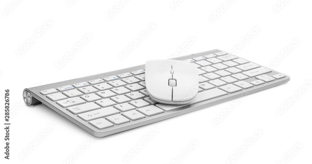Wall mural computer keyboard with mouse on white.