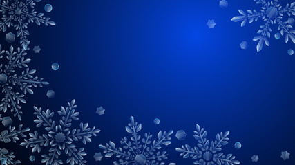 Christmas composition of large complex transparent snowflakes in light blue colors on dark gradient background. Transparency only in vector format