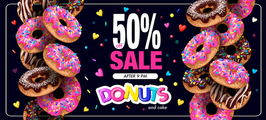 Poster donuts sale with cupcakes pink and chocolate glaze.