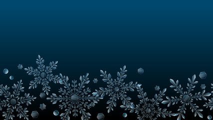 Fototapeta na wymiar Christmas composition of large complex transparent snowflakes in light blue colors on dark gradient background. With horizontal repeating pattern. Transparency only in vector format