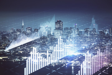 Fototapeta premium Financial graph on night city scape with tall buildings background double exposure. Analysis concept.