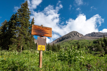 High Alpine trail sign Colorado San Juan Mountains