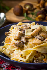 Tagliatelle pasta with forest mushrooms and chicken.