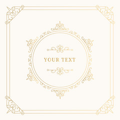 Gold round frame with vintage decorative elements. Flourishes design. Circle border for menu and wedding design. Isolated illustration.