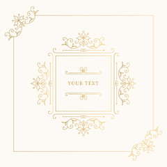 Ornate golden frame with flourishes borders and vector design elements. Isolated gold foil illustration.