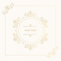 Gold round frame with vintage decorative elements. Flourishes design. Circle border for menu and wedding design. Isolated illustration.