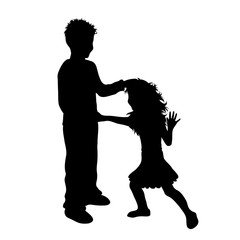 Vector silhouette of boy who bullying small girl on white background. Symbol of child, siblings, sister, brother, violence, annoy.
