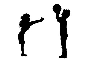 Vector silhouette of children´s friends who play with balloon on white background. Symbol of child, girl, boy,siblings, sister,brother, play, game.