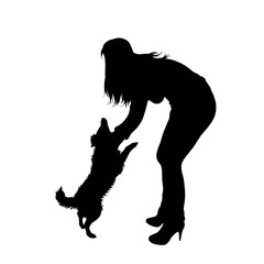 Vector silhouette of girl with her dog on white background. Symbol of friends, care, animal, woman, female.