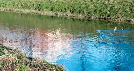 The reflection of the building in the small town river with green grass shores