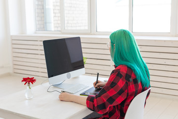 Illustrator, graphic designer, animator and artist concept - creator woman with beautiful green...