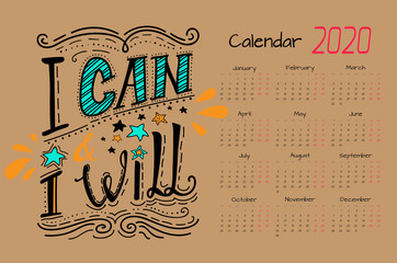 Calendar 2020. template with motivational quotes. Set of 12 months.