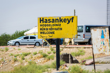 Hasankeyf town Sign "Welcome" in English, Turkish, Kurdish and Arabic languages