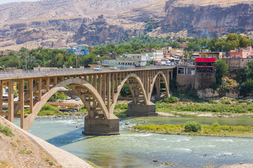 Panoramic view of the new bridge over the Tigris River in the city of Hasankeyf, Eastern Anatolia. Turkey