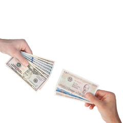 Money exchange. Hands holding US dollars and vietnamese dongs isolated on white background copy space diagonal square