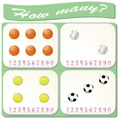 Sports balls. Logical task. Count and mark the number of objects