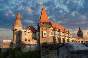 Fototapeta na wymiar Medieval Castle Corvin in Hunedoara, Is built in Renaissance-Gothic, Located in the Transylvania, Romania, Europe . Tourism in Europe.