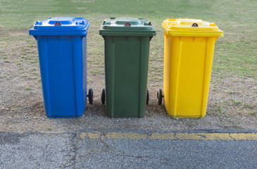 lockable  recycle trash bins (blue, green, yellow)