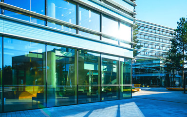 EU Entrance commercial architecture of modern steel and glass skyscraper