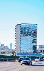 EU Busy street with modern glass skyscrapers