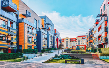 Modern complex of residential buildings and benches