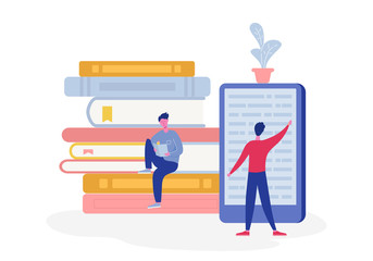 Electronic online library poster with computer and books, people character reading or student studying, e-book reader, modern literature fan concept. Flat cartoon vector illustration