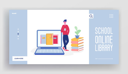 Online digital library landing page concept of people character reading books from Big laptop. Media library website template, ebook to study on e-library, web page illustration design. Vector.