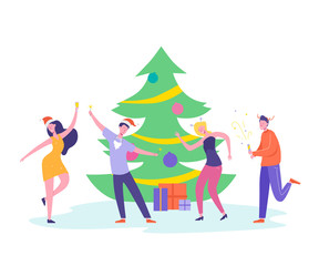 People characters dancing, celebrating Merry Christmas and Happy New Year night. Xmas Party Card or Invitation Poster. Vector illustration