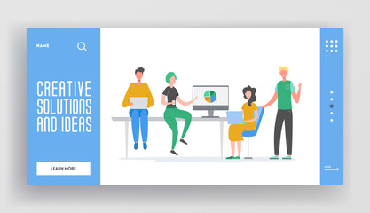 Obraz na płótnie Canvas Business Meeting Teamwork Concept landing page template. Businessman and Woman Characters, Colleagues Communicating Brainstorming, Discussion Idea for website or web page. Vector illustration.