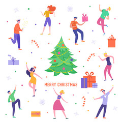 Xmas Party Card or Invitation Poster. People characters dancing, celebrating Merry Christmas and Happy New Year night. Vector illustration