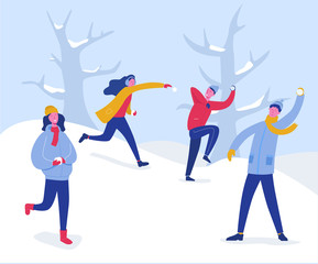 Winter Characters Playing Snowballs. Joyfull People Having Fun in Snow. Boys and Girls Throwing Snowball, Christmas holidays outdoor activities. Vector illustration