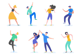 Group of young happy dancing people or male and female dancers isolated on white background. Smiling young men and women enjoying dance party. Vector illustration in flat cartoon style