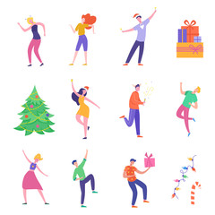 Fototapeta na wymiar Set of People characters dancing, celebrating Merry Christmas and Happy New Year night. Winter Xmas Party women and men template. Vector illustration