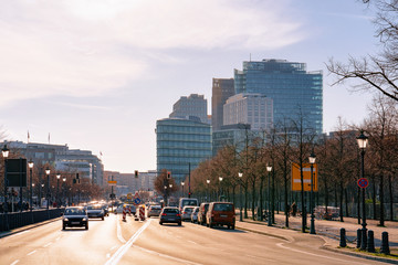 Street with car traffic and modern architecture in Potsdamer Platz