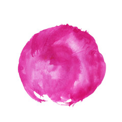 Watercolor pink hand drawn stain on white background with rough edges, round, circle spot on paper with brush strokes