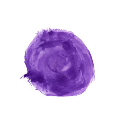 Watercolor violet hand drawn stain on white background with rough edges, round, circle spot on paper with brush strokes