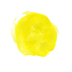 Watercolor yellow hand drawn stain on white background with rough edges, round, circle spot on paper with brush strokes